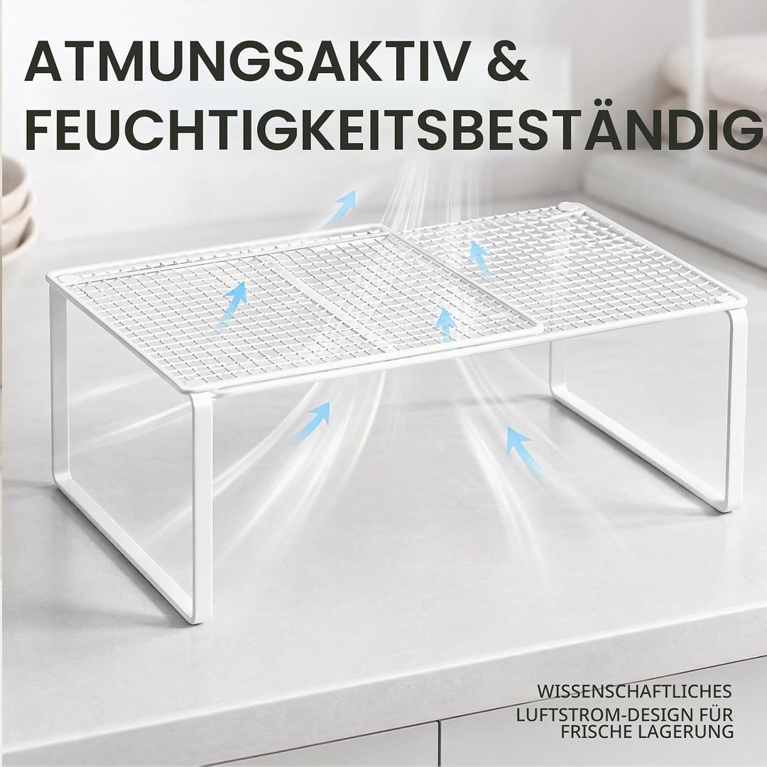 Erweiterbares Schrankregal Weiss, Stapelbares Organizer Regal mit Metalltrennwänden und Ausziehböden