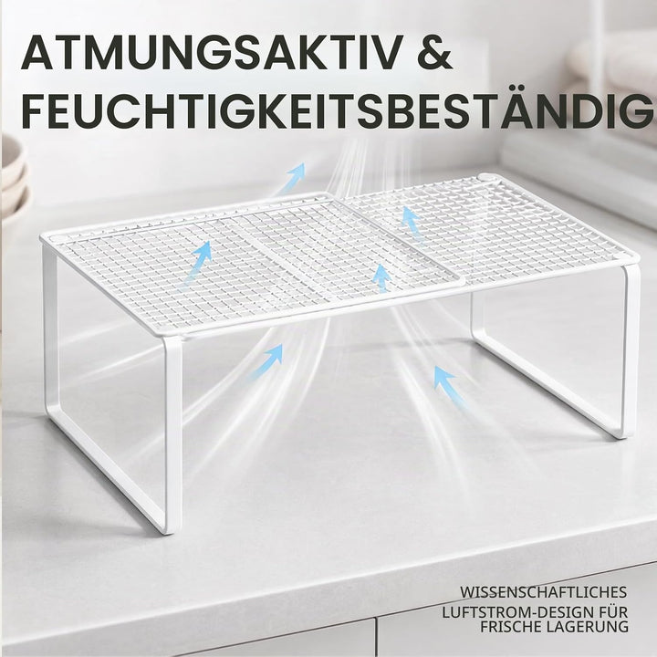 Erweiterbares Schrankregal Weiss, Stapelbares Organizer Regal mit Metalltrennwänden und Ausziehböden