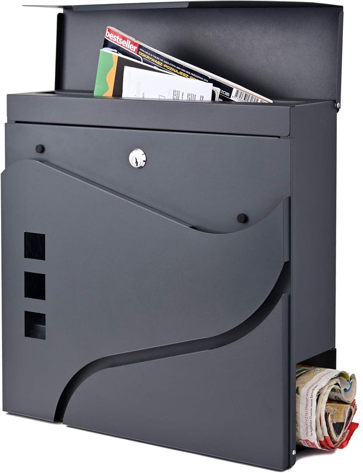 VERDA Briefkasten mit Zeitungsfach und 3 Sichtfenster, 2X Schlüssel, Postkasten Designer Wandbriefka