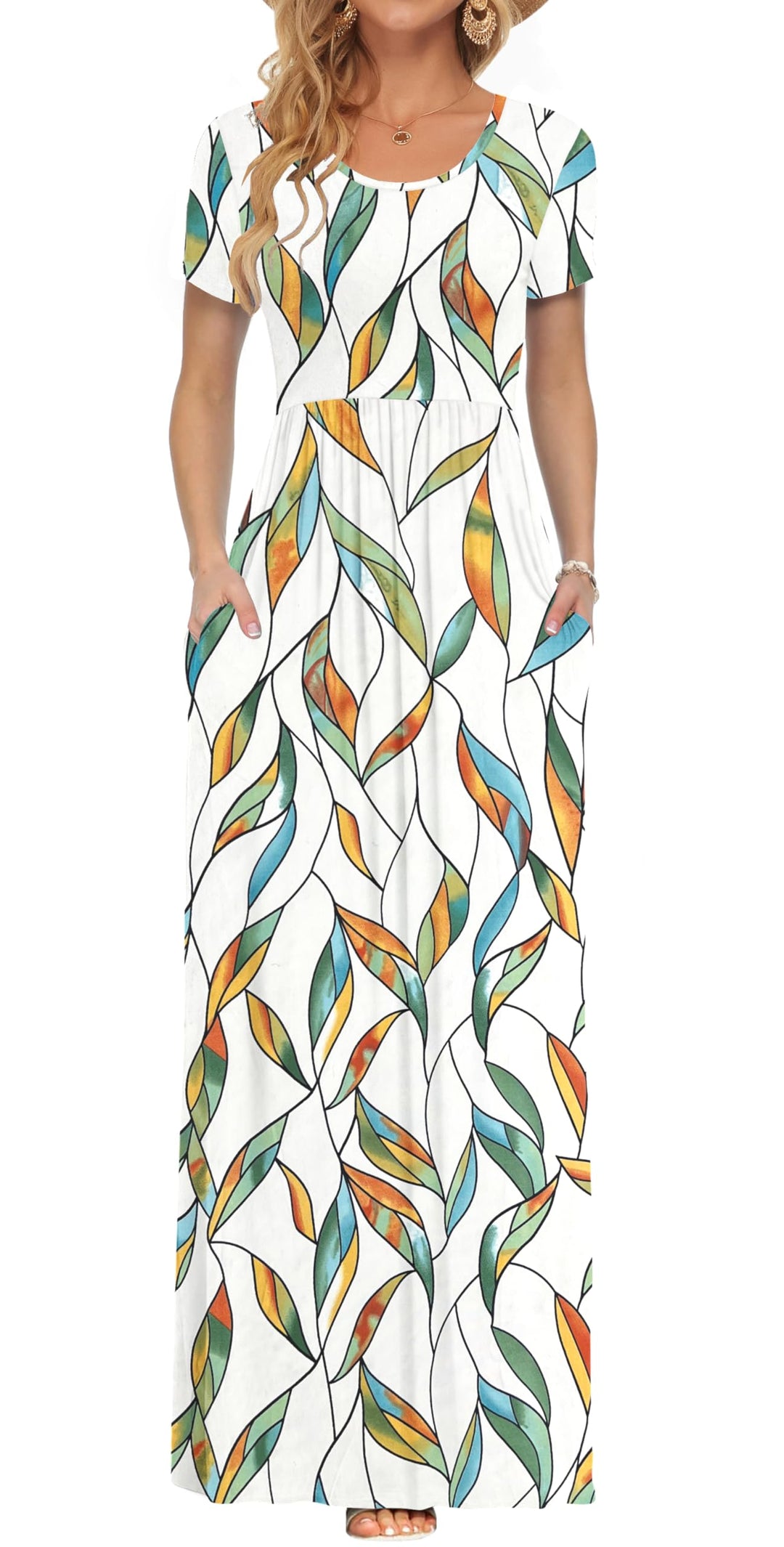 AUSELILY Damen Kurzarm Sommer Casual Long Maxi Kleider mit Taschen Buntes Verlaufslaub XS, Buntes Ve