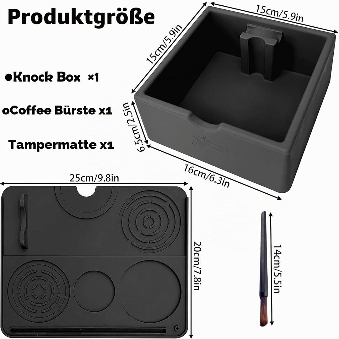 3 Stück Silikon Abklopfbehälter Set für Siebträger - Inkl. Schwarz Tampermatte (25x20cm), Knock Box