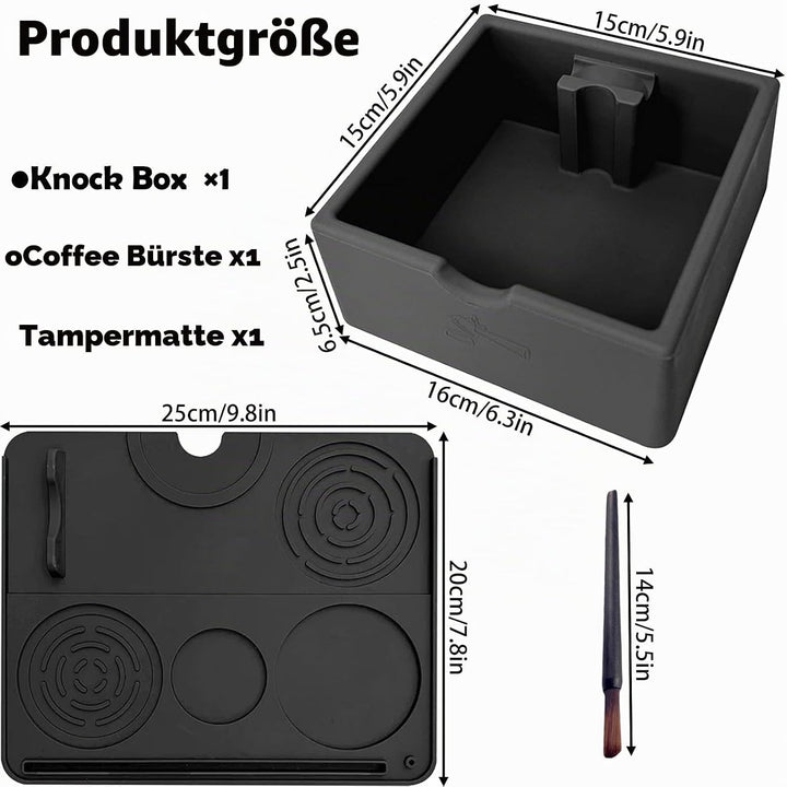 3 Stück Silikon Abklopfbehälter Set für Siebträger - Inkl. Schwarz Tampermatte (25x20cm), Knock Box