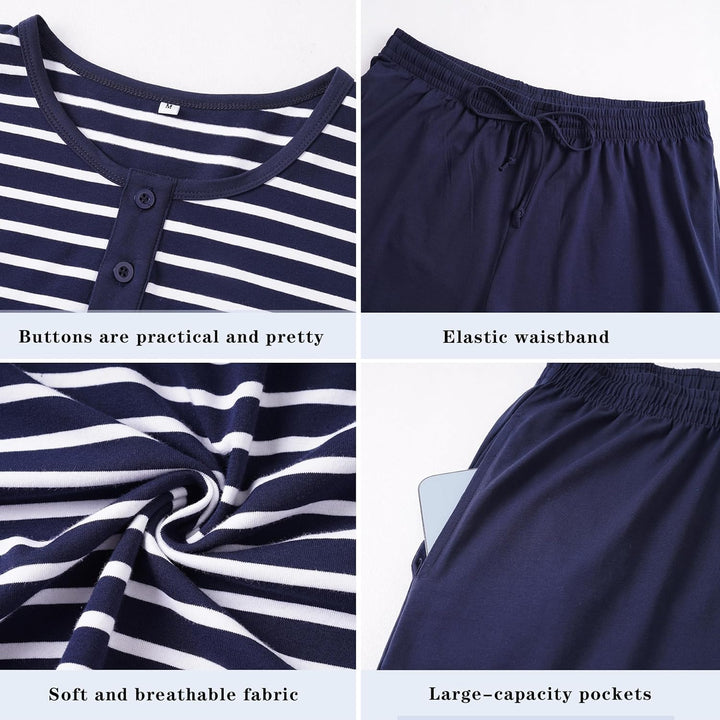 Schlafanzug Herren Kurz aus Baumwolle mit Kontraststreifen Design, Sommer Pyjama Set Oberteile und K