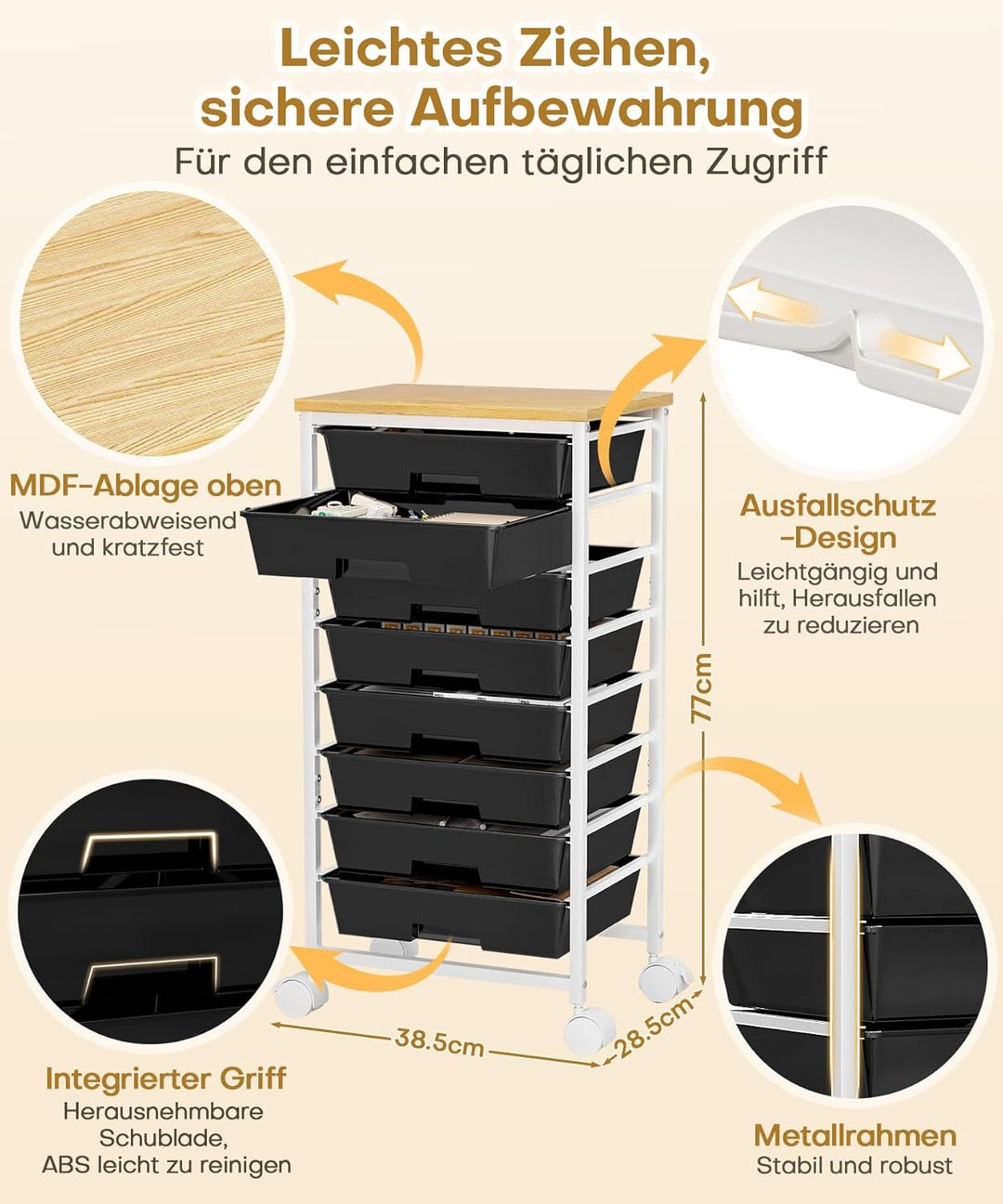 Yorbay Rollwagen mit 8 Schubladen: Aufräumen von Schreibtisch & Kommode – Kippschutz & sanfter Lauf