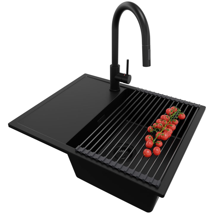 PRIMAGRAN Granitspüle Alles Schwarz 62x50cm, Spülbecken 1 Becken + Küchenarmatur 40x20cm + Zuberhor-