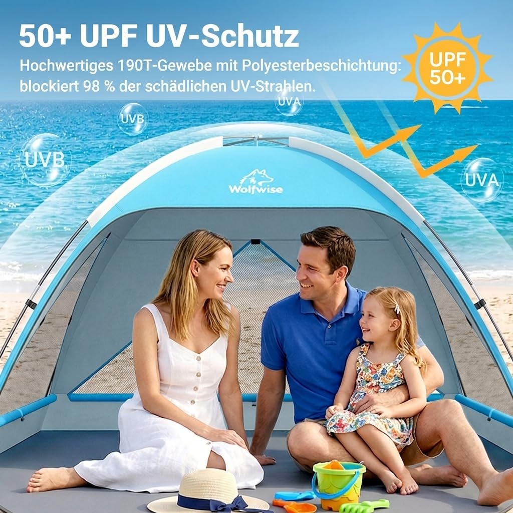 Wolfwise Strandmuschel UV Schutz, 3 Belüftungsfenster & Tragetasche, Strand Zelt mit erweiterbarem B