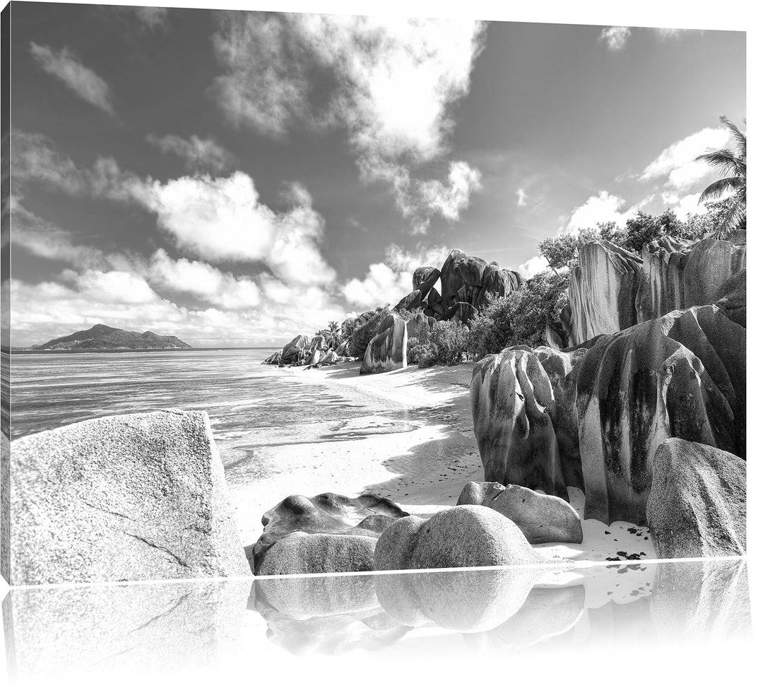 Pixxprint Seychellen Strand Kunst B&W als Leinwandbild | Grösse: 100x70 cm | Wandbild | Kunstdruck |