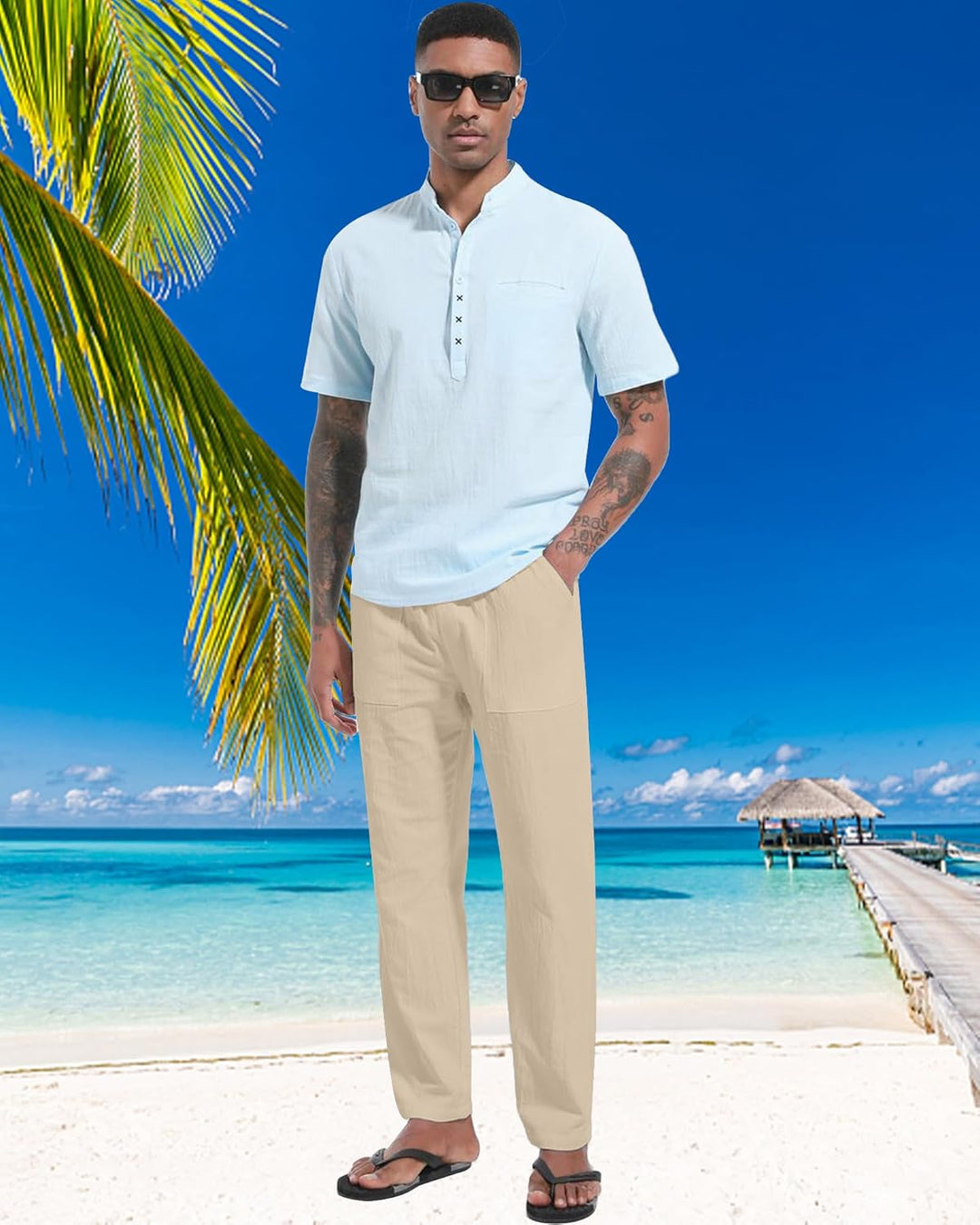 LVCBL Leinenhose Herren Sommer Herbst Lose Lässige Leinenhose mit Taschen Elastischer Bund M Khaki,