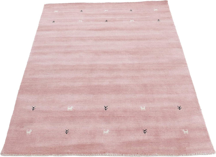 carpetfine Wollteppich Gabbeh Uni Rosa 60x90 cm | Moderner Teppich für Wohn- und Schlafzimmer 60x90