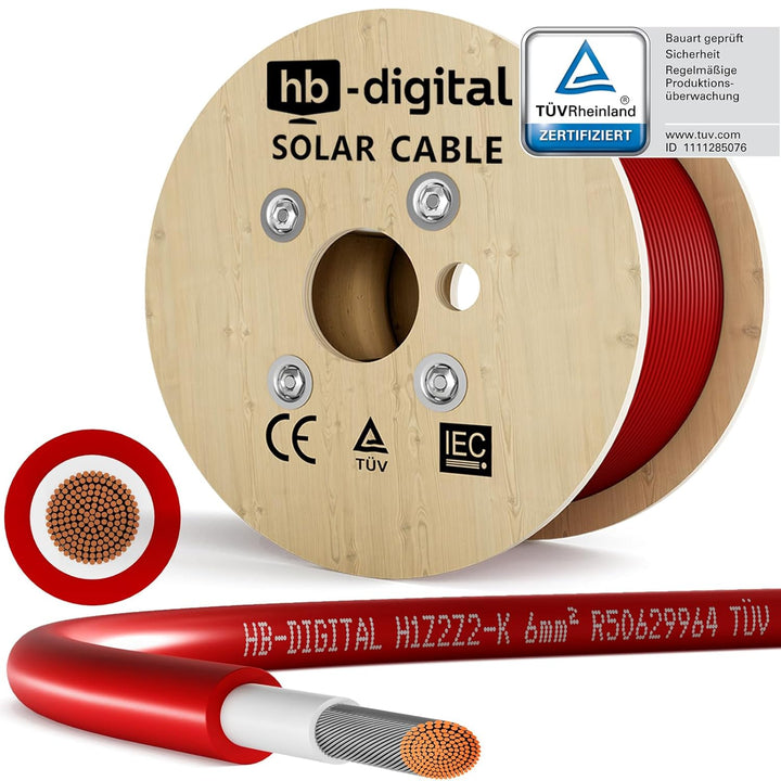 HB-DIGITAL 500m Solarkabel H1Z2Z2-K TÜV Rheinland geprüft 6mm2 UV-beständig flexibel PV Kabel Reines