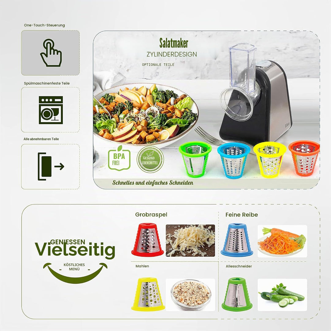 Zilan Gemüseschneider, elektrisch, 4 in 1, Raspeln, Schaben, Mandoline, Gemüse, Obst, 200 W