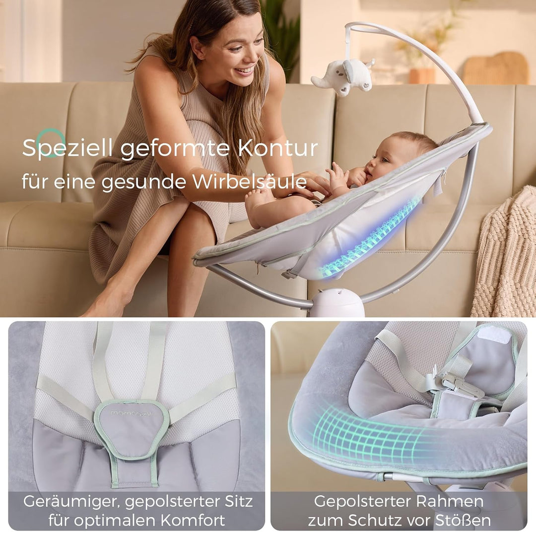 Momcozy CocoSway Babywippe, elektrische 3D-Motion, 6 Bewegungen &amp; 4 Stufen, Fernbedienung, 8 Wiegenl