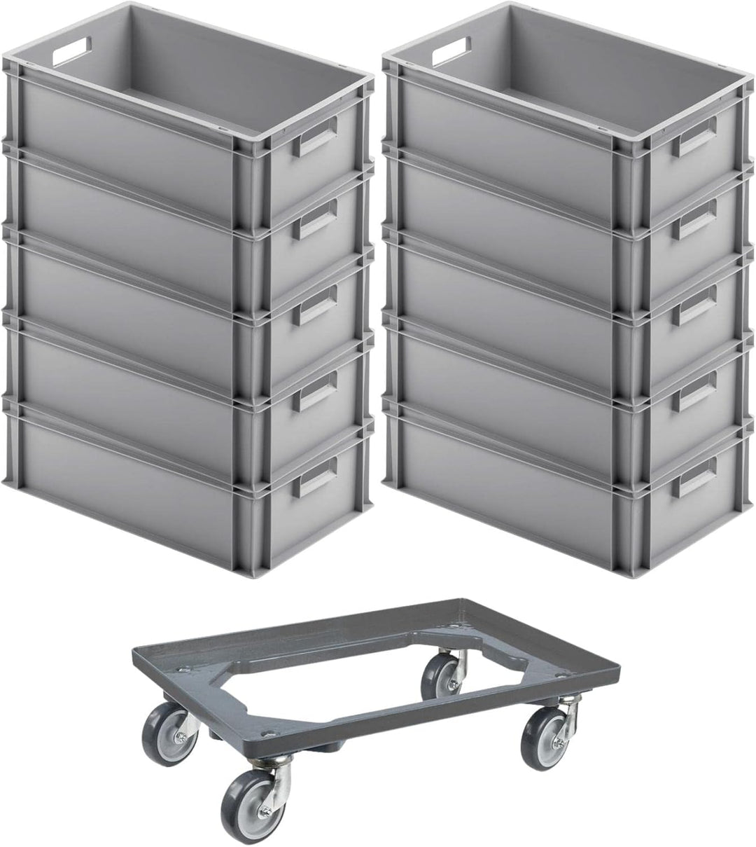 SparSet 10x Eurobehälter mit offenem Griff & 1x Transportroller Grau | HxBxT 17,5x40x60cm | 30 Liter