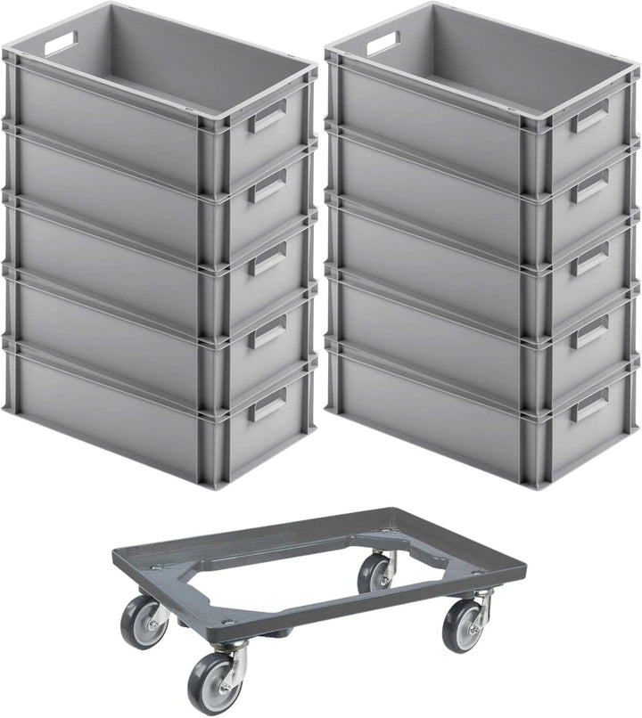 SparSet 10x Eurobehälter mit offenem Griff & 1x Transportroller Grau | HxBxT 17,5x40x60cm | 30 Liter