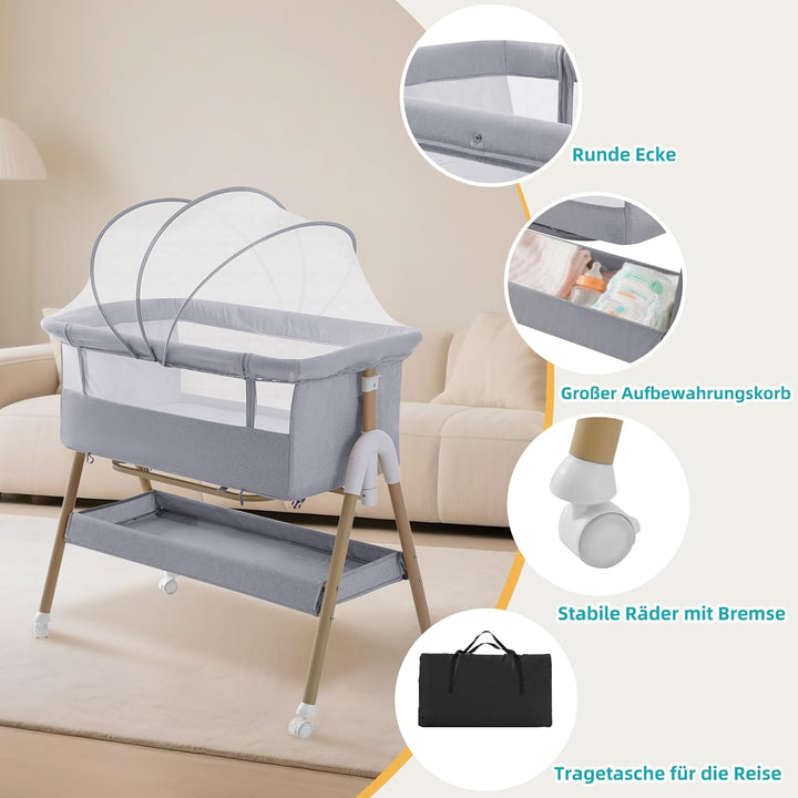 3 in 1 Beistellbett Baby, Tragbar reisebett Baby mit matratze Höhenverstellbar Bettchen Verstellbare