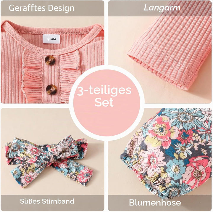 Neugeborenes Baby Mädchen Kleidung Kleinkind Gerippt Ruffle Lange Ärmel Strampler+ Floral Hosen+ Sti