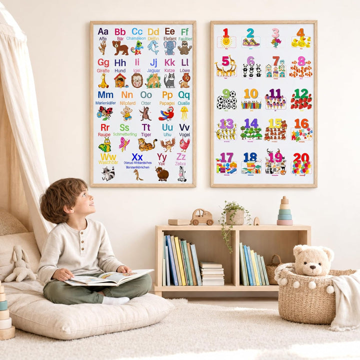 ABC Poster und Zahlen Lernposter DinA2 Set für Grundschüler - Alphabet und Zahlen von 1 bis 20 Lerne