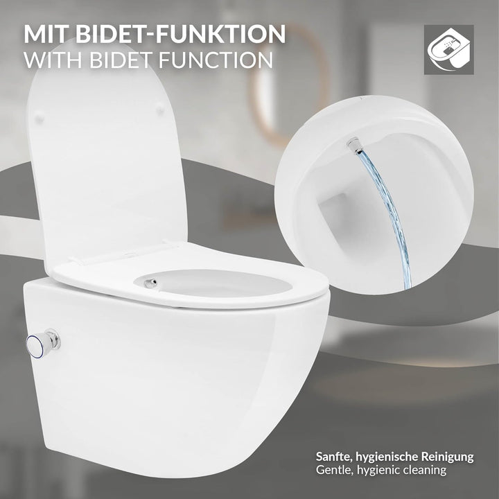 LuxeBath Spülrandloses Wand Hänge Dusch WC Weiss kurz aus Keramik mit Bidet-Funktion, Wand WC mit WC
