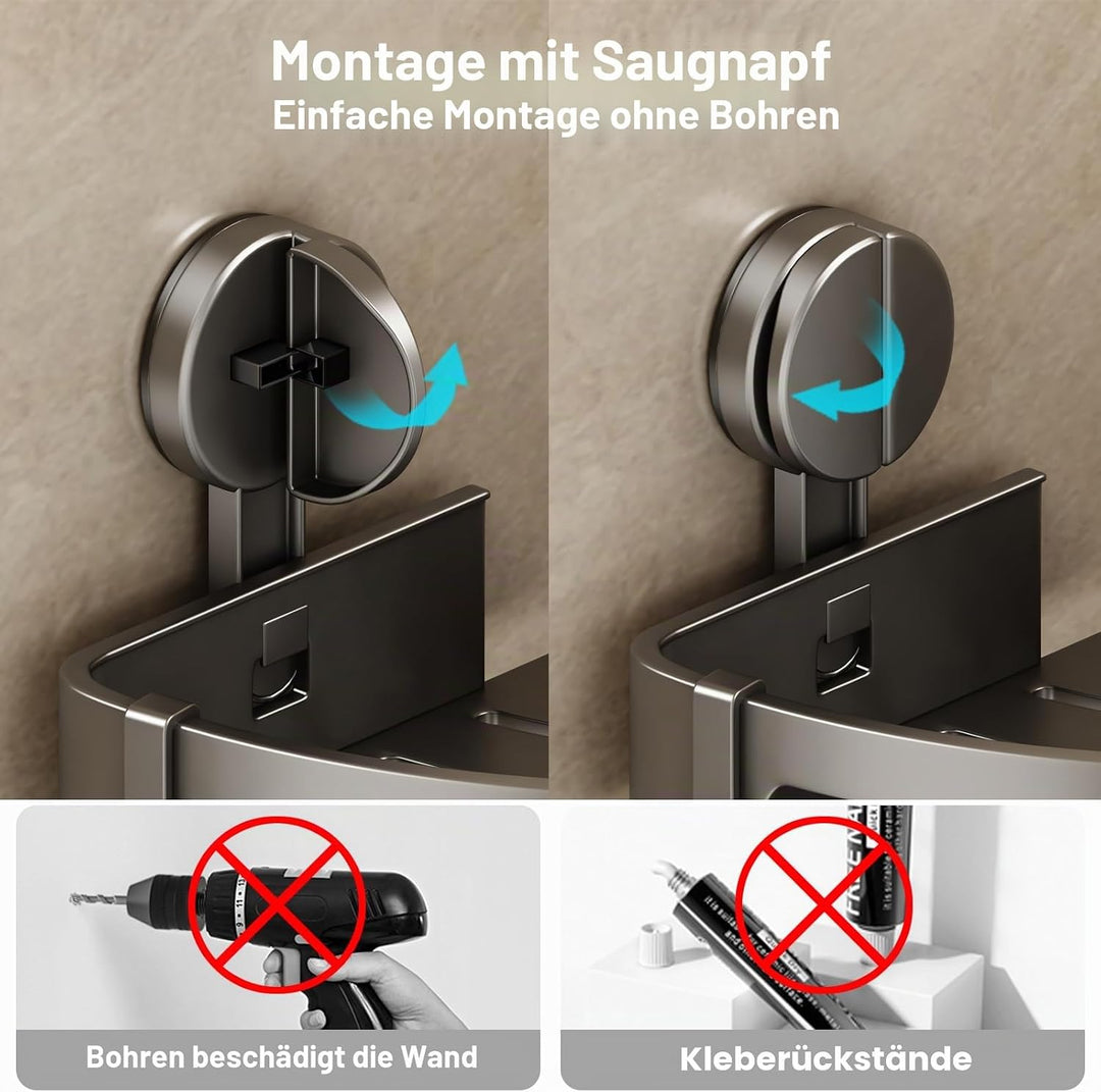 Duschablage Ohne Bohren, Duschregal Ecke Saugnapf Badezimmer Regal Wand Duschkorb mit Handtuchhalter