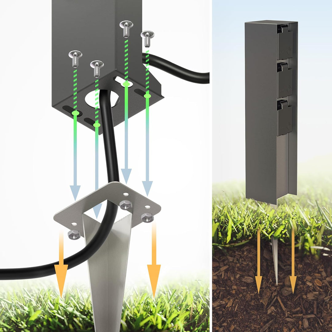 ledscom.de Garten-Steckdosen-Säule POMI mit Erdspiess für aussen, IP44, 3-Fach, anthrazit, eckig, 33