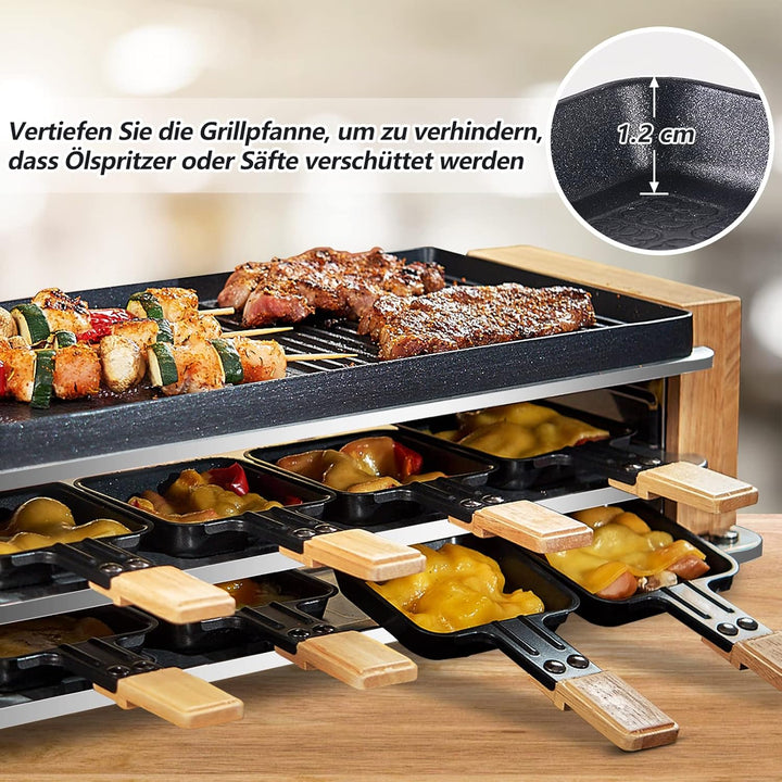 COKLAI Raclette grill 8 Personen mit 2 in 1 Antihaftbeschichtung Grillplatte, Partygrill für 8 Perso