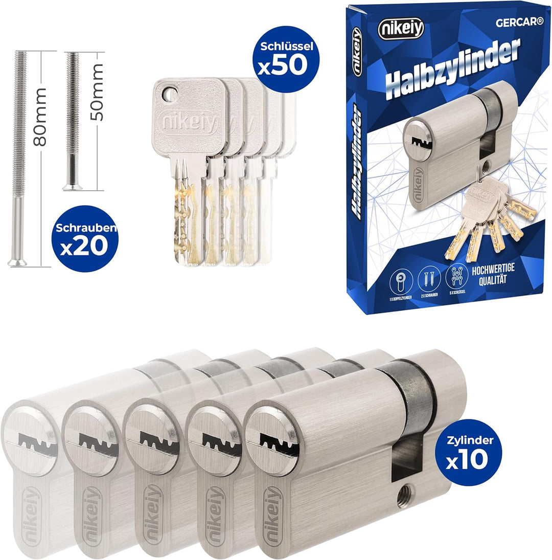 GERCAR Pro Gleichschliessend 10x Halbzylinder 30/10 Set 10x Garagentor Profil-Halbzylinder inkl. 50