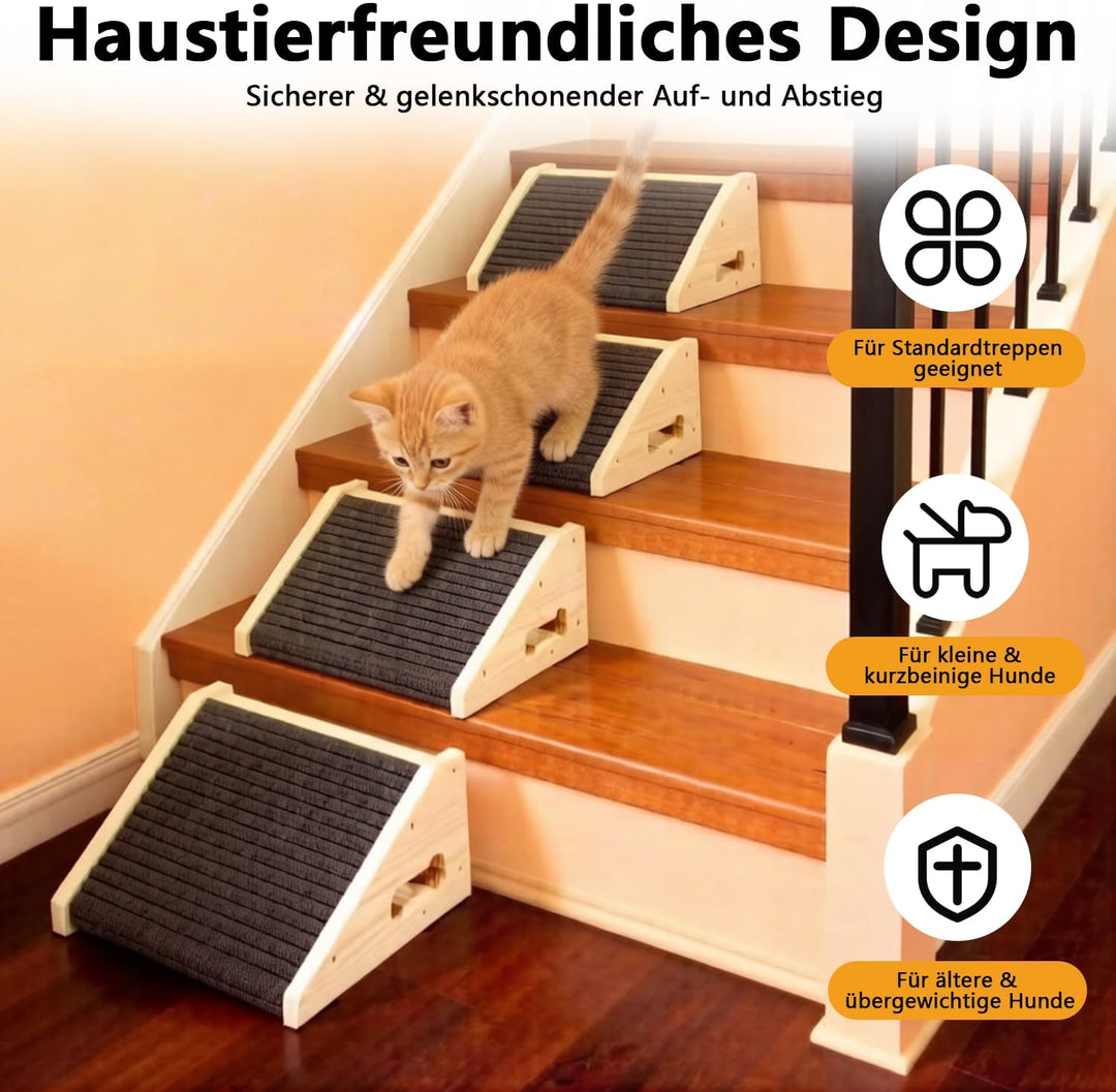 4 Stück Hunderampen für Treppen, Hundetreppe Holz mit Rutschfester Trittmatte, Treppenstufen Haustie