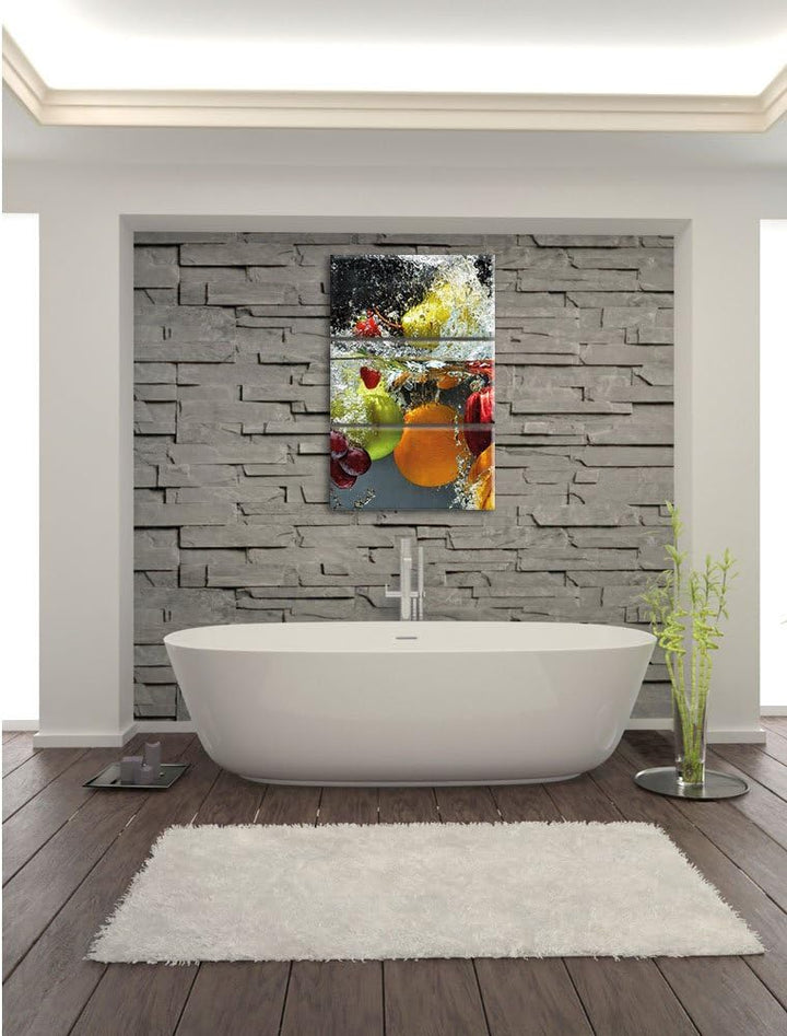 Pixxprint Früchte Fallen ins Wasser als Leinwandbild - Grösse: 3-Teilig (120x80cm) - Wandbild - Kuns