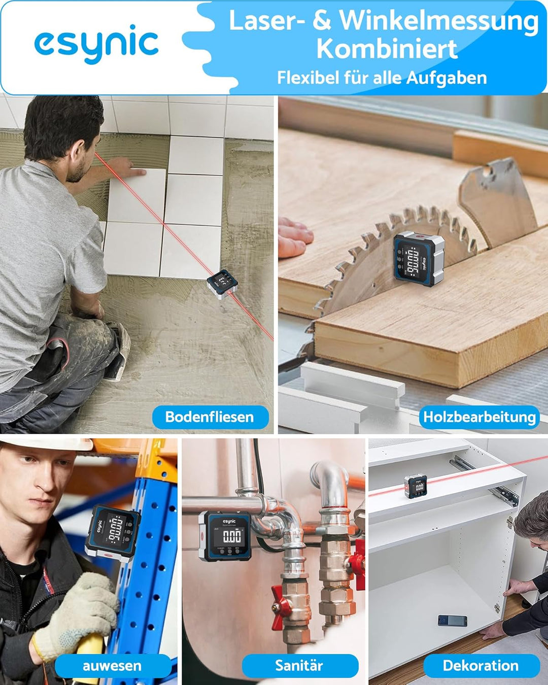 eSynic Digitale Winkelmesser Wasserwaage mit Laser Neigungsmesser 4×90° ±0,1°mit LCD-VA Display Vier