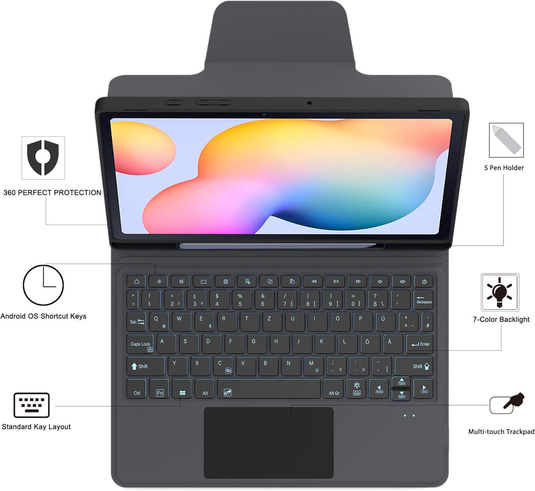 für Samsung Galaxy Tab S6 Lite 10,4 Zoll 2024/2022/2020 Hülle mit Tastatur QWERTZ : 7-Farbige Beleuc