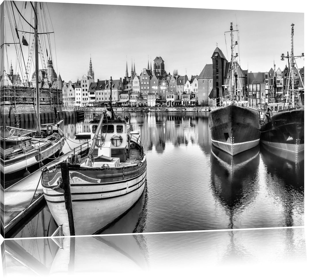 Pixxprint Hafen in der Dämmerung / 100x70cm Leinwandbild bespannt auf Holzrahmen/Wandbild Kunstdruck
