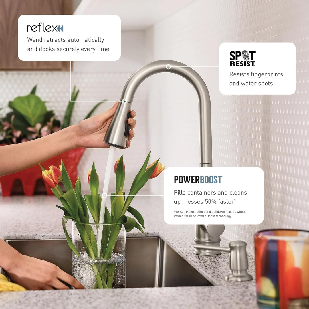 Moen Sleek 7864SRS Küchenspüle mit einem Griff, hoher Lichtbogen, ausziehbarer Wasserhahn mit Power-