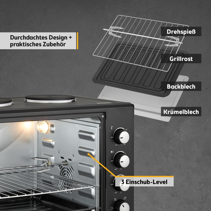 TZS First Austria Minibackofen 30 Liter 3200 Watt Mini-Backofen mit Kochplatten, Krümelblech, Drehsp