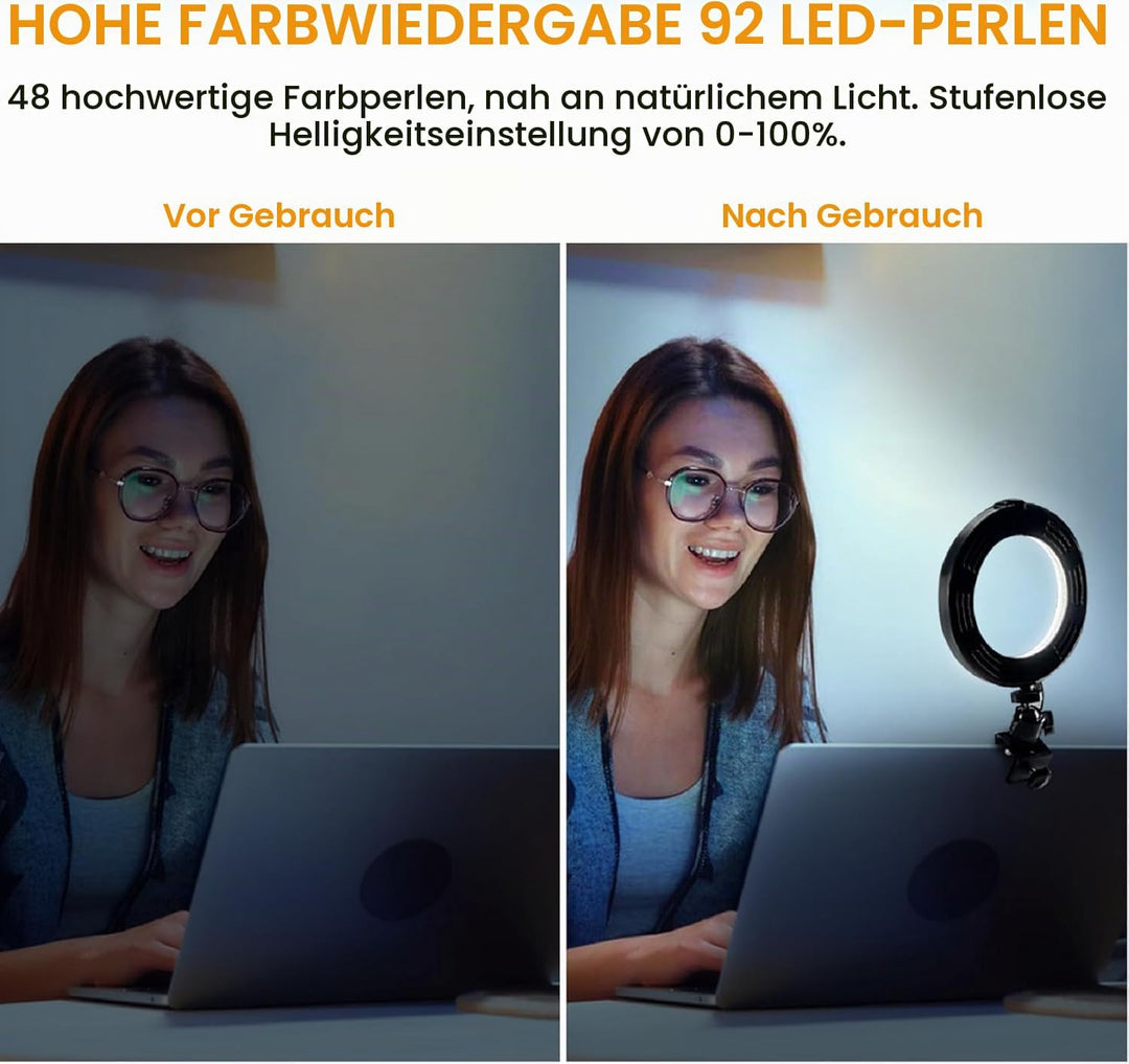 Videokonferenz-Beleuchtungsset, Ringlicht-Clip auf Laptop-Monitor, 6“ dimmbares LED-Kreislicht, Self
