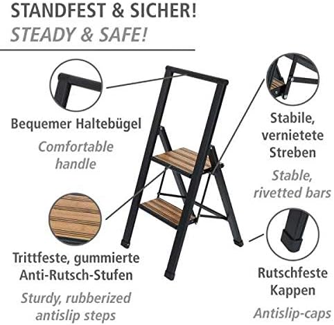 WENKO Leichte Aluminium Trittleiter mit 2 Stufen für 50 cm höheren Stand, rutschsichere XXL-Stufen,