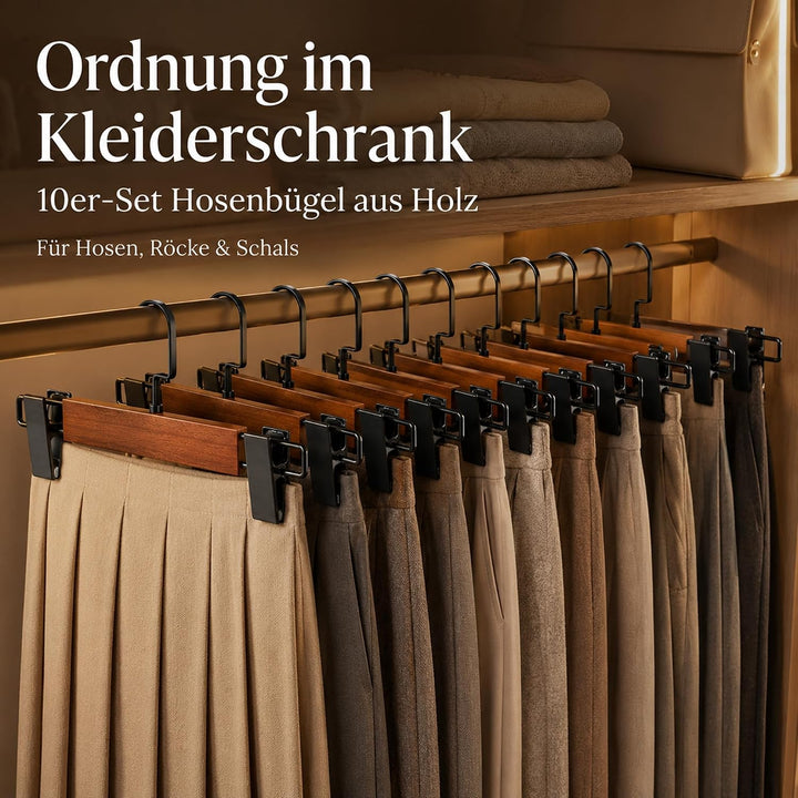 10 Stück Hosenbügel aus Umweltfreundlichem Naturholz, Rockbügel mit Verstellbaren Anti-Rutsch Clips