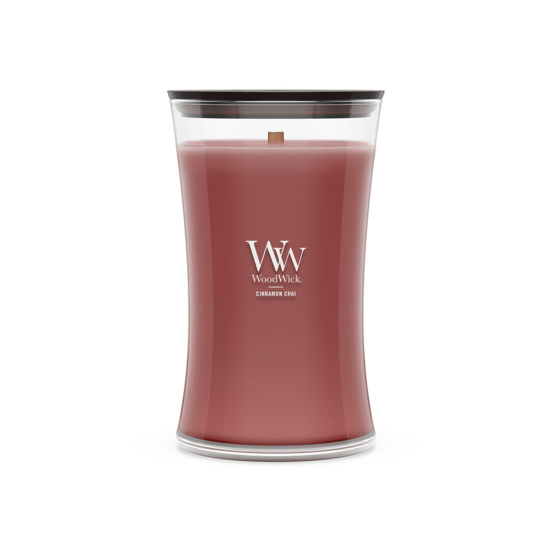 Grosse WoodWick Duftkerze im Sanduhrglas mit knisterndem Docht, Cinnamon Chai, bis zu 130 Stunden Br