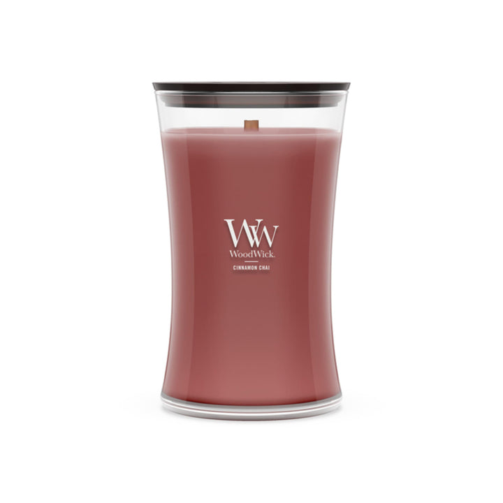 Grosse WoodWick Duftkerze im Sanduhrglas mit knisterndem Docht, Cinnamon Chai, bis zu 130 Stunden Br