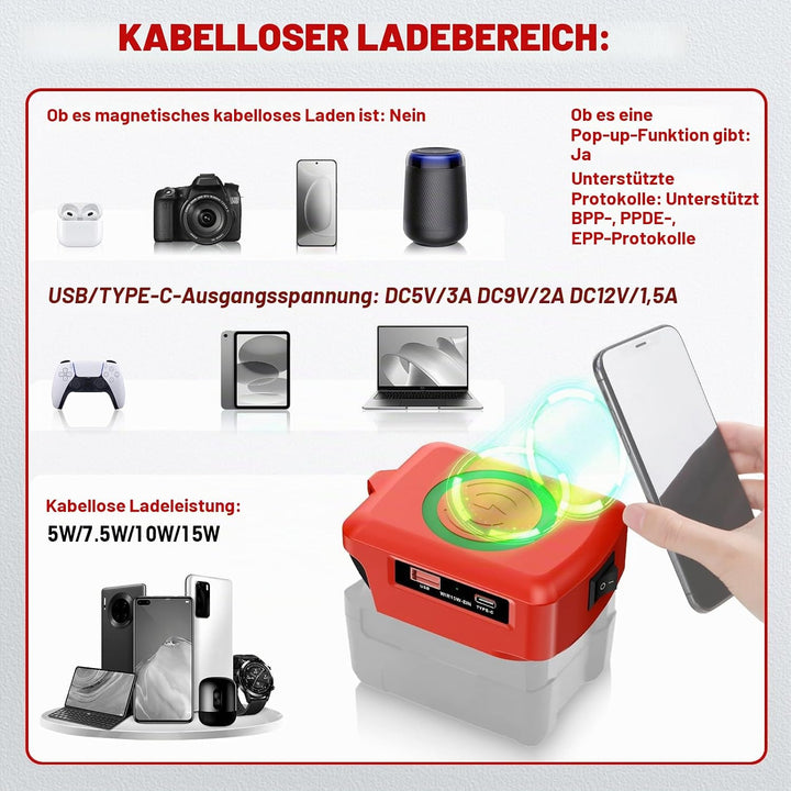Wireless Für Einhell Akku USB Ladegerät Adapter, Kabelloses Tragbares Ladegerät Für Einhell 18v, USB
