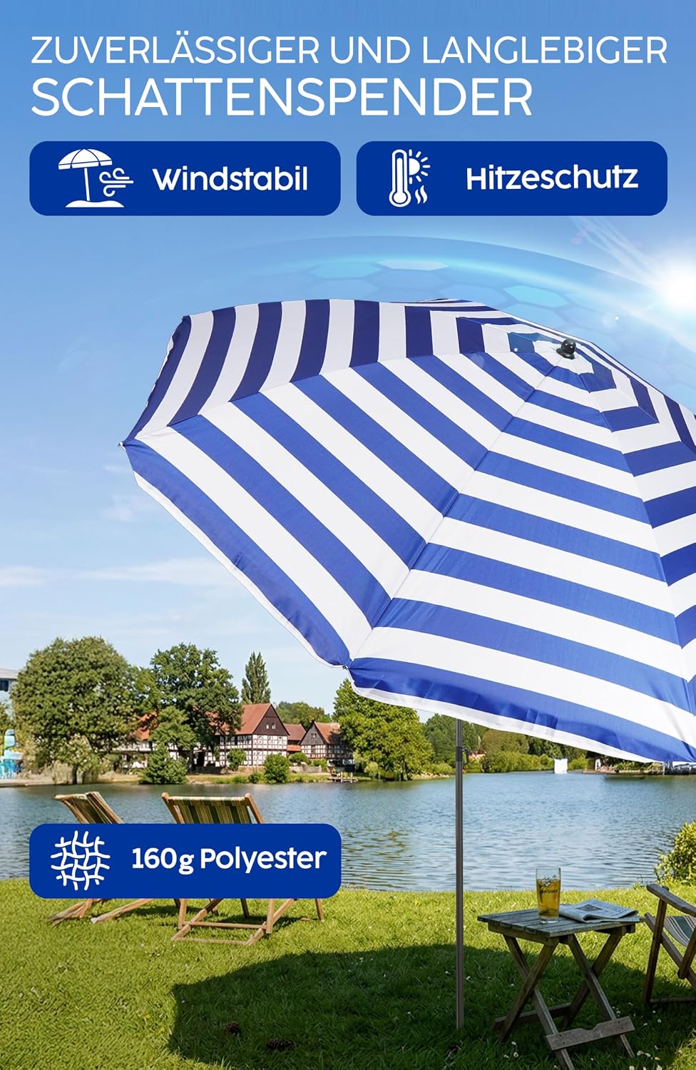 4smile Strandschirm SunnyJoy, Ø 180 cm Blau-Weiss - UPF 50+ Sonnenschirm Strand mit Hülle, Sonnensch