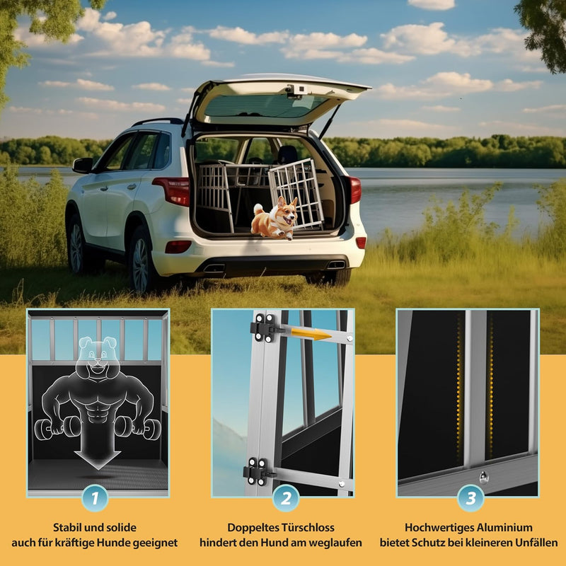 CADOCA® Hundetransportbox Aluminium Hundebox Kofferraum robust verschliessbar trapezförmig M 54x70x5