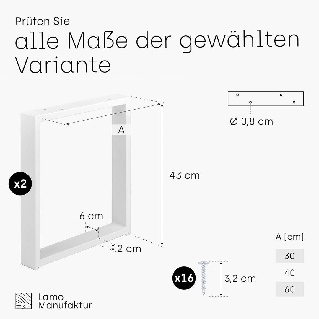 LAMO Manufaktur Tischbeine für Sitzbank, Couchtisch, Beistelltisch, Simple Light, Vierkantprofil 60x