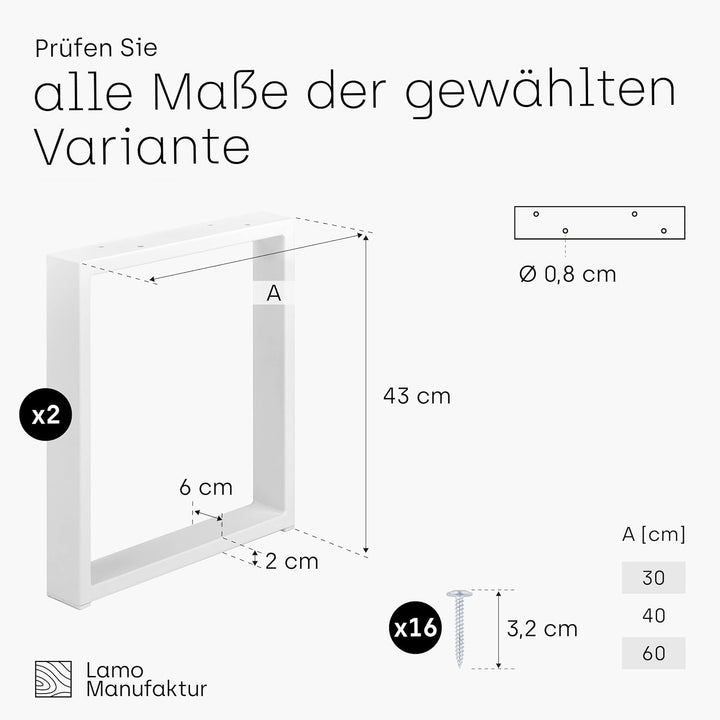 LAMO Manufaktur Tischbeine für Sitzbank, Couchtisch, Beistelltisch, Simple Light, Vierkantprofil 60x