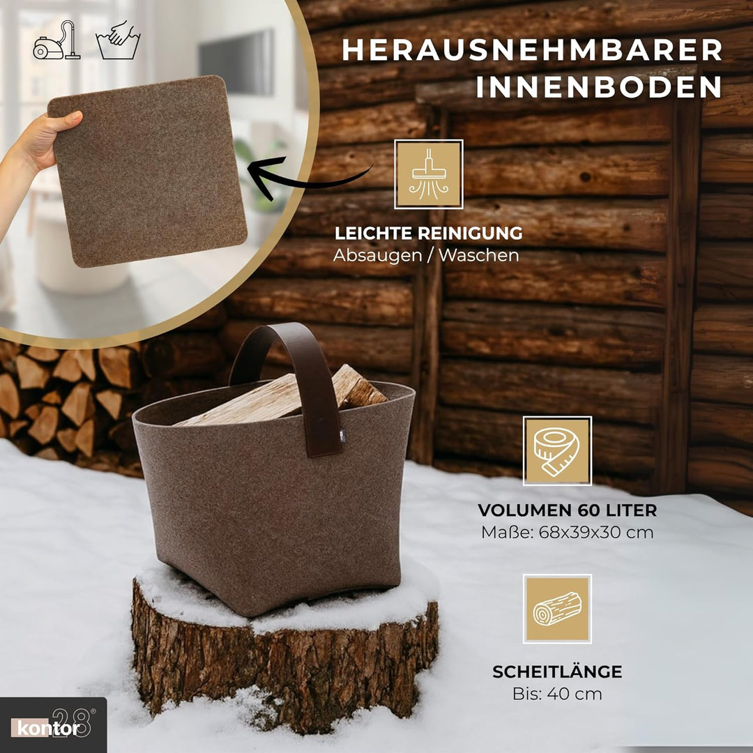 kontor28® - Kaminholzkorb aus Premium Filz 100% MADE IN GERMANY | Brennholzkorb Füllvolumen 60 L mit
