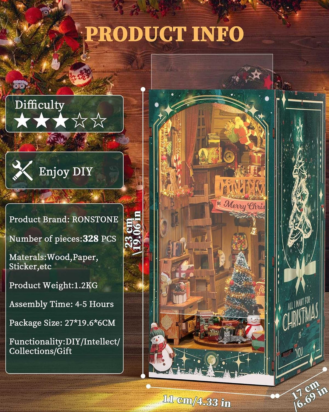 RONSTONE Book Nook Kit mit Staubschutzhülle - DingDang Hütte DIY Miniatur Puppenhaus Booknook mit Le