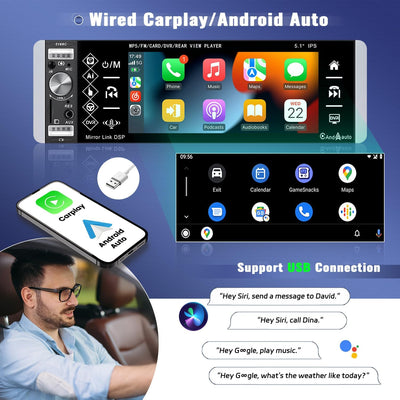 1 Din CAMECHO Autoradio mit Wireless Apple Carplay & Android Auto, 5,1 Zoll Single Din IPS Auto Radi