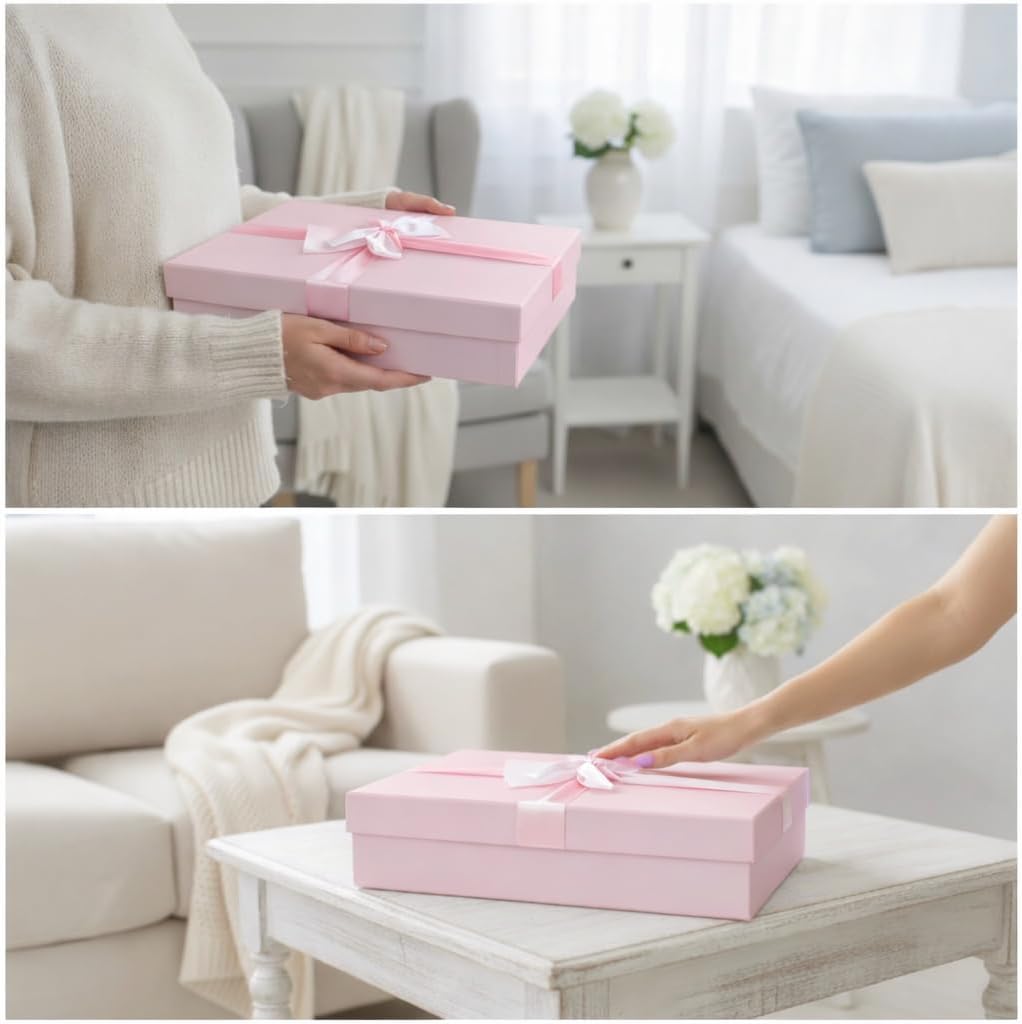 Emartbuy 3er Set starre Geschenkboxen, Babyrosa Box mit Deckel, innen braun und Satinband, 3er-Set –