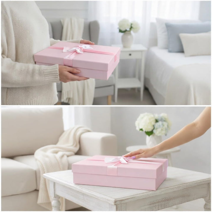 Emartbuy 3er Set starre Geschenkboxen, Babyrosa Box mit Deckel, innen braun und Satinband, 3er-Set –