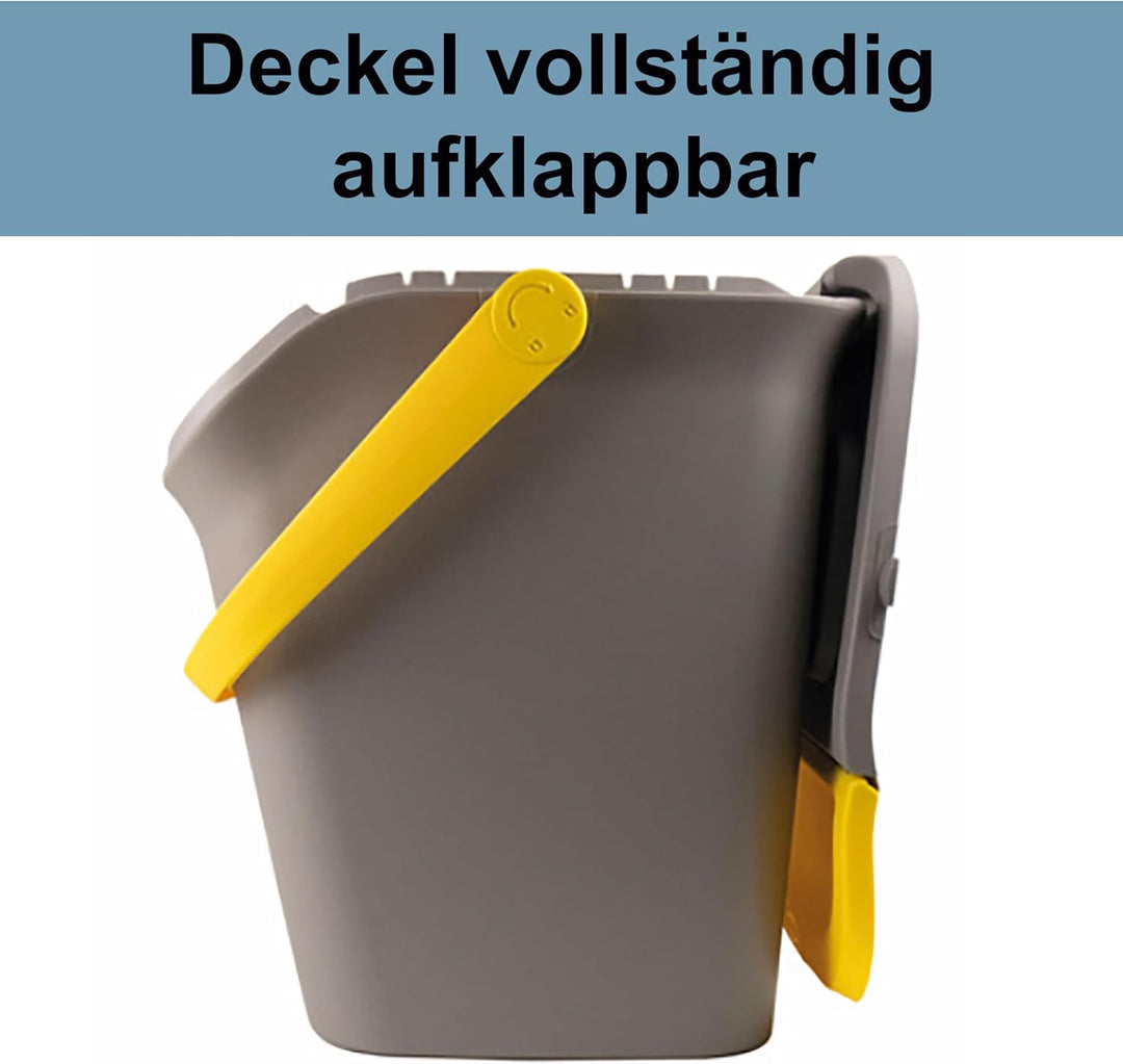 Hummelladen Stapelbarer Müllsortierer 28 Liter Grau mit Gelbem Faltdeckel 39x37x41 cm Mülleimer Müll