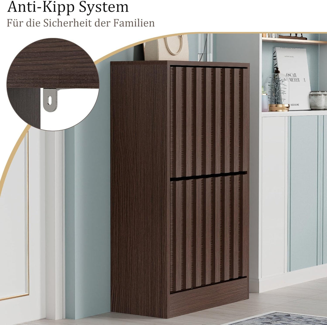 UEV Schuhschrank mit 2 Klappen Schmal Holz Schuhkipper Schuhkommode mit Kippschutz, Schuhaufbewahrun